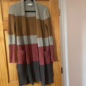 LOFT Long Maple Butter Color blocked Ribbed Open Front Cardigan Sweater